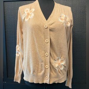 Aaeda Floral Embroidered Button-Front Cardigan | Tan Beige Knit | Size S